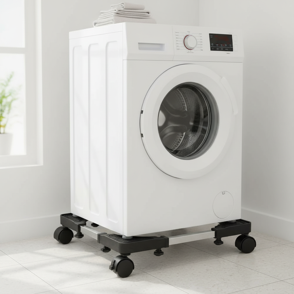 Adjustable wheeled base supporting a washing machine