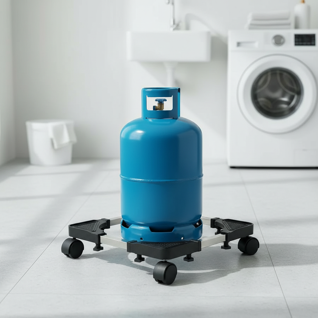 Gas cylinder placed on adjustable wheeled base