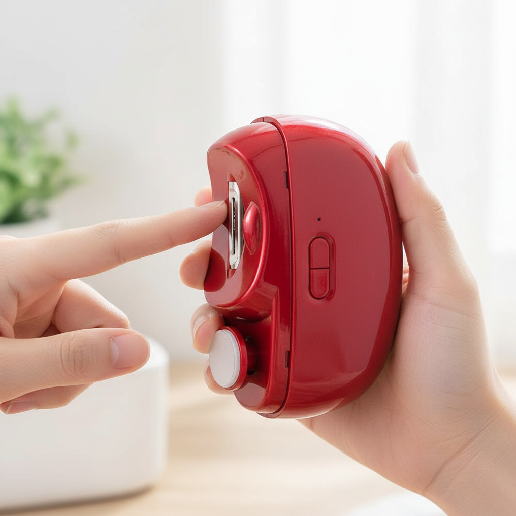 Red electric nail clipper being used