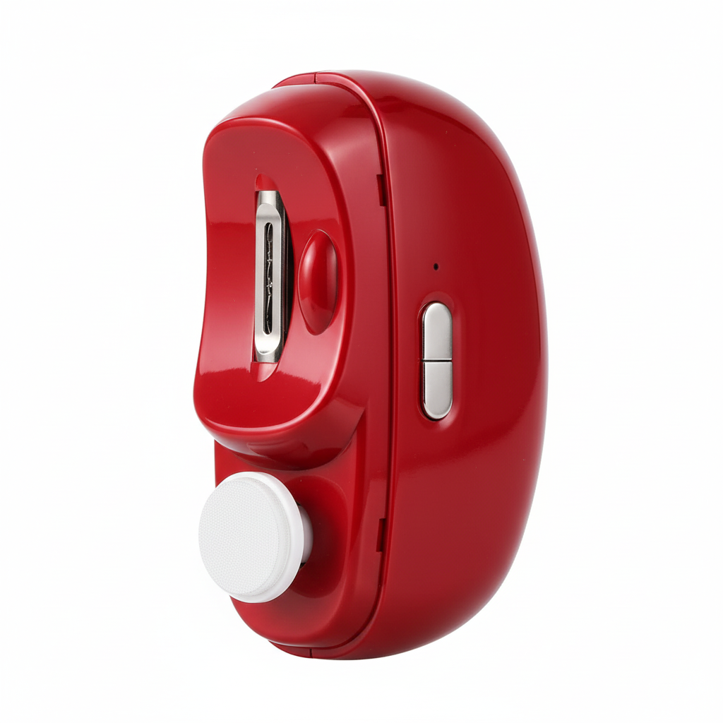 Red electric nail clipper being used