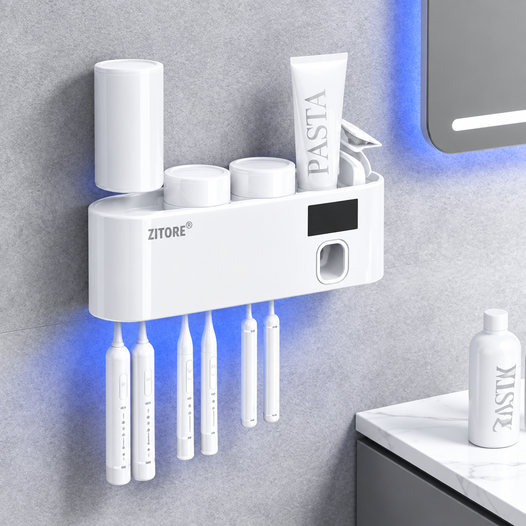 White toothbrush sanitizer holder with 3 cups